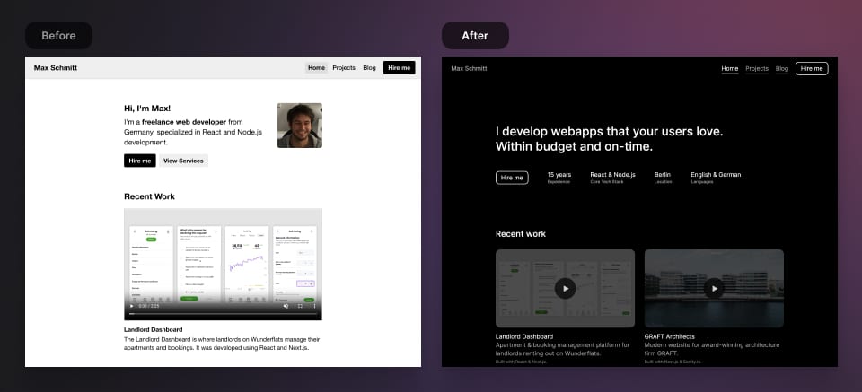 Before & after of the homepage design