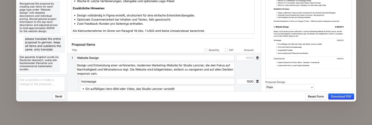 Cakedesk AI proposal generator interface with chat and live proposal preview