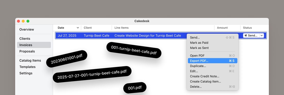Cakedesk invoices list showing various PDF filename formats