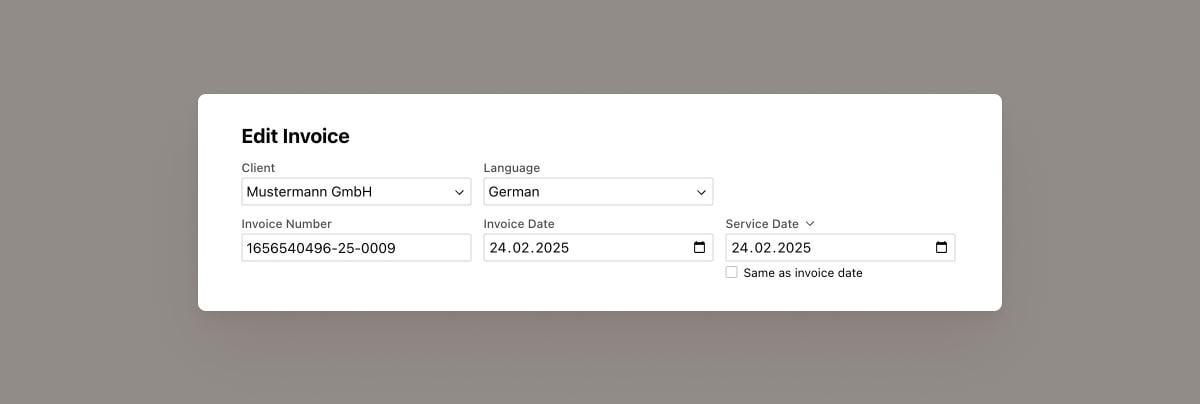 Cakedesk invoice editor with service date field next to the invoice date