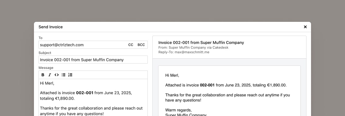 Cakedesk email composer window showing invoice email draft with preview