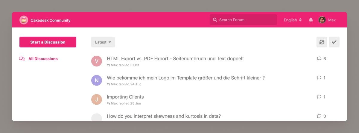 Cakedesk Community forum showing discussion threads