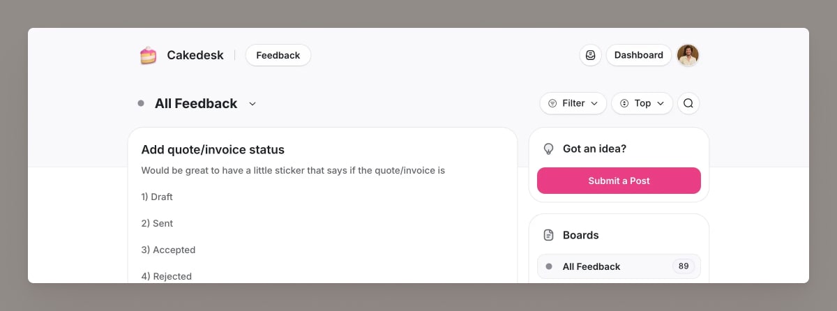 UserJot feedback board showing Cakedesk feature requests