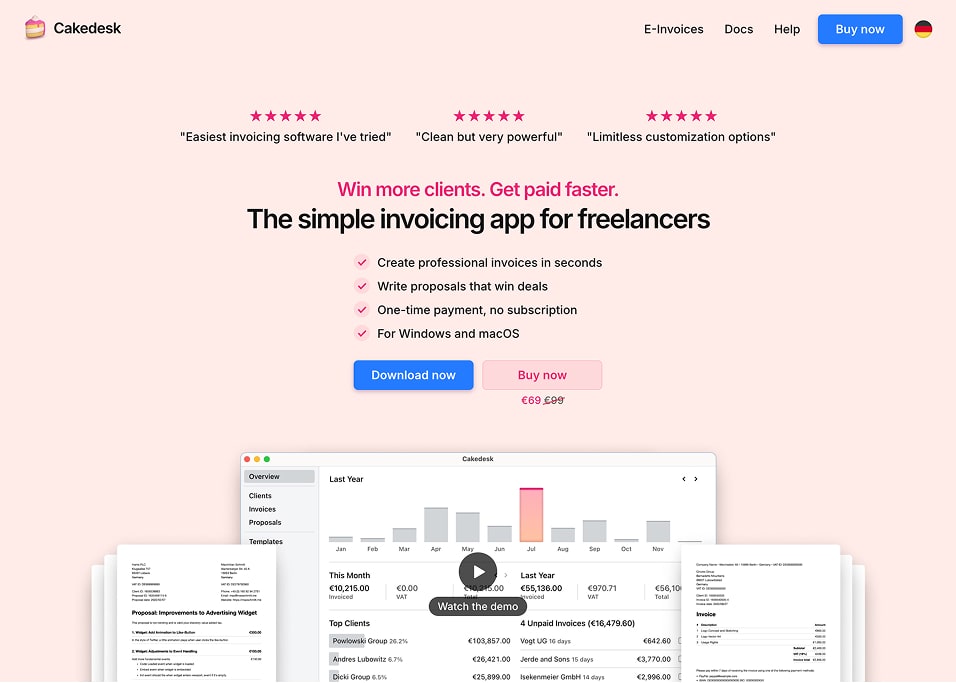 Cakedesk V2 website from 2022-2025 featuring prominent pink accent colors and scaled-down app screenshots