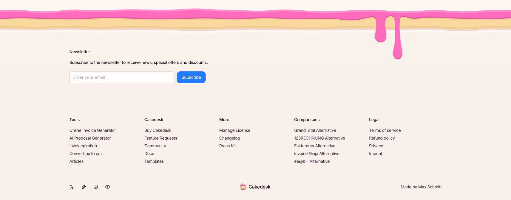 Website footer with decorative pink frosting dripping from top, cream background below with newsletter signup, five columns of links (Tools, Cakedesk, More, Comparisons, Legal), social media icons, and Made by Max Schmitt attribution