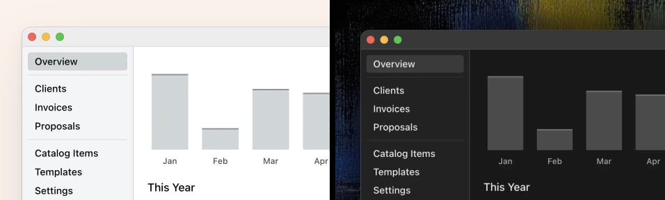 Cakedesk Overview screen comparison: left showing light mode with white background and light sidebar, right showing dark mode with dark background and charcoal sidebar, both displaying This Year bar chart
