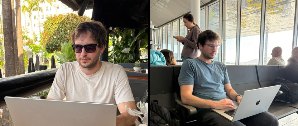 Split image showing author working on MacBook: left in tropical outdoor setting with palm trees wearing sunglasses, right at airport waiting area