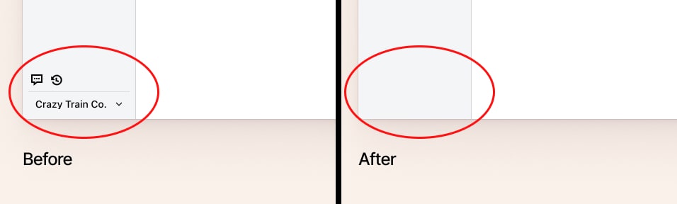 Before and after comparison: left shows Crazy Train Co. dropdown with feedback and history icons (circled in red), right shows clean interface with those UI elements removed