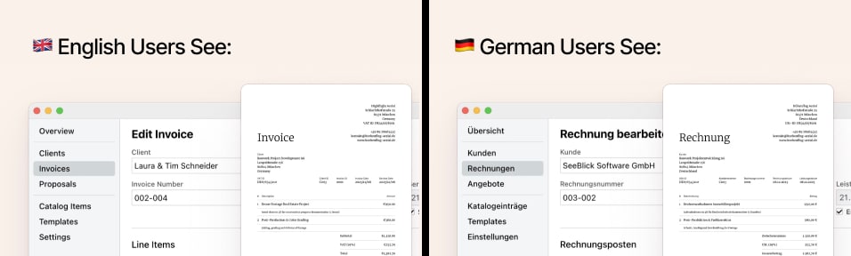 Side-by-side comparison of Cakedesk invoice editor: left showing English interface with client Laura & Tim Schneider, right showing German interface (Rechnung bearbeiten) with client SeeBlick Software GmbH