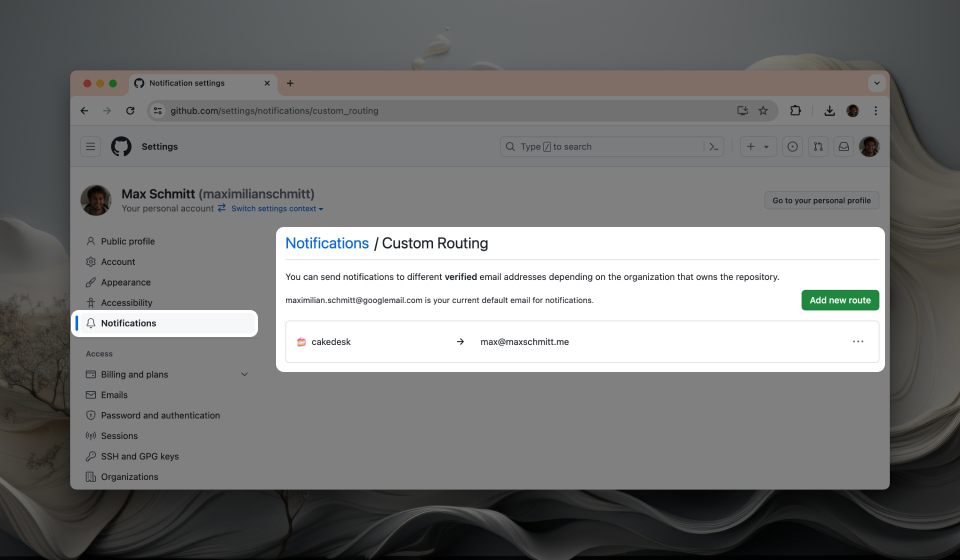 GitHub settings for notifications (custom routing)