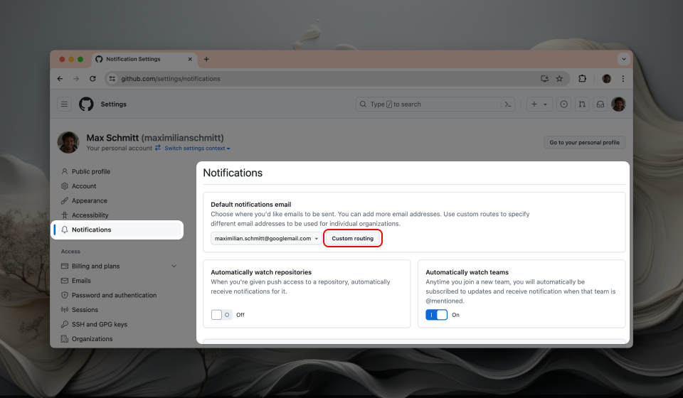 GitHub settings for notifications