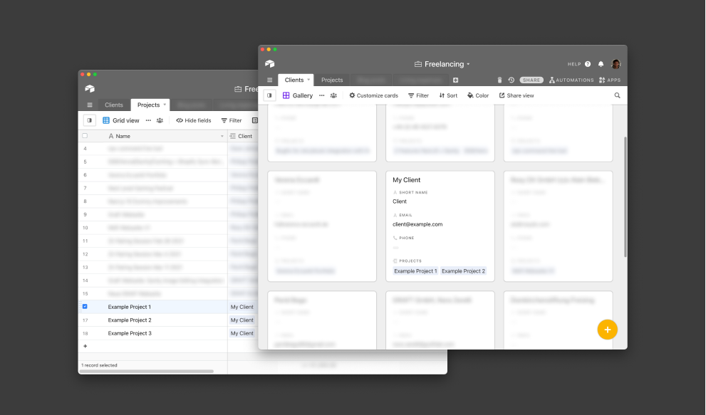 Screenshot of two Windows showing Clients and Projects in Airtable
