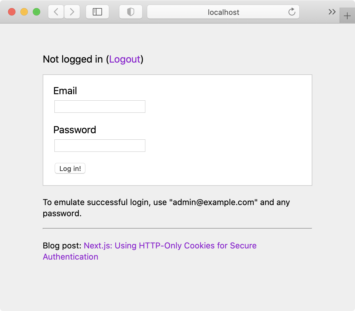 Screenshot of an example application that features a login form and a message telling the user whether he's logged in or not