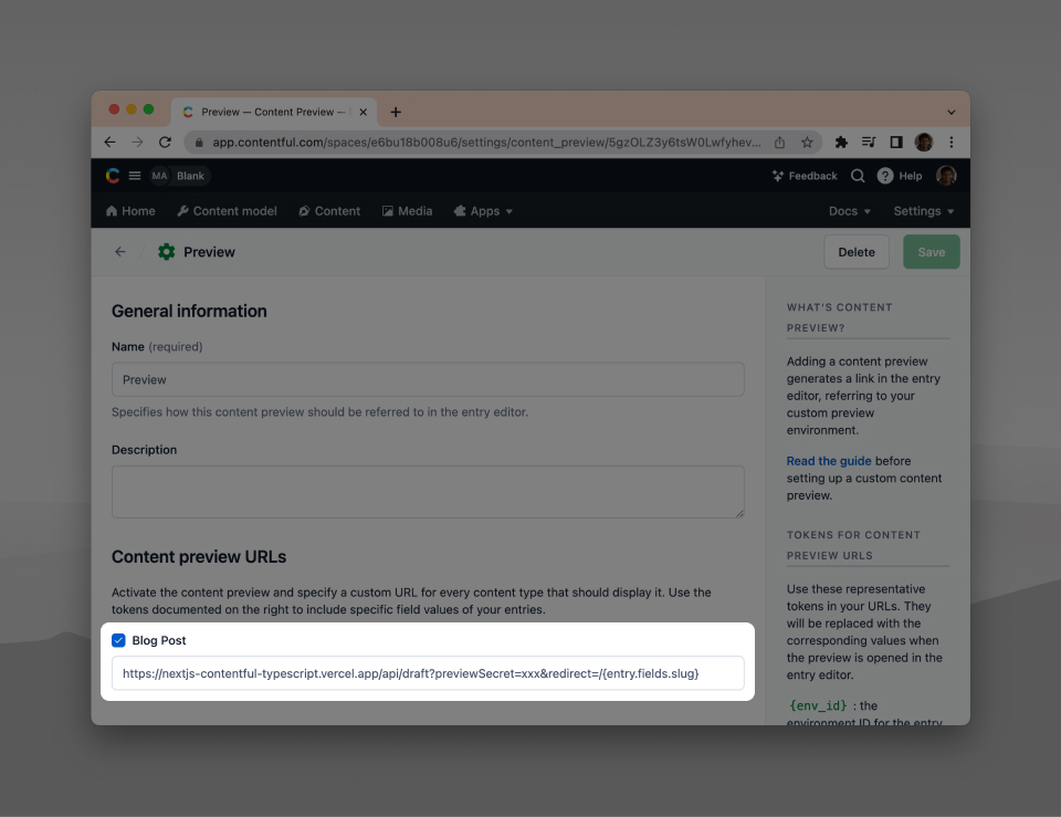 Screenshot of Contentful preview mode settings