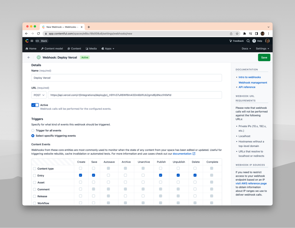 Screenshot of Contentful webhook settings