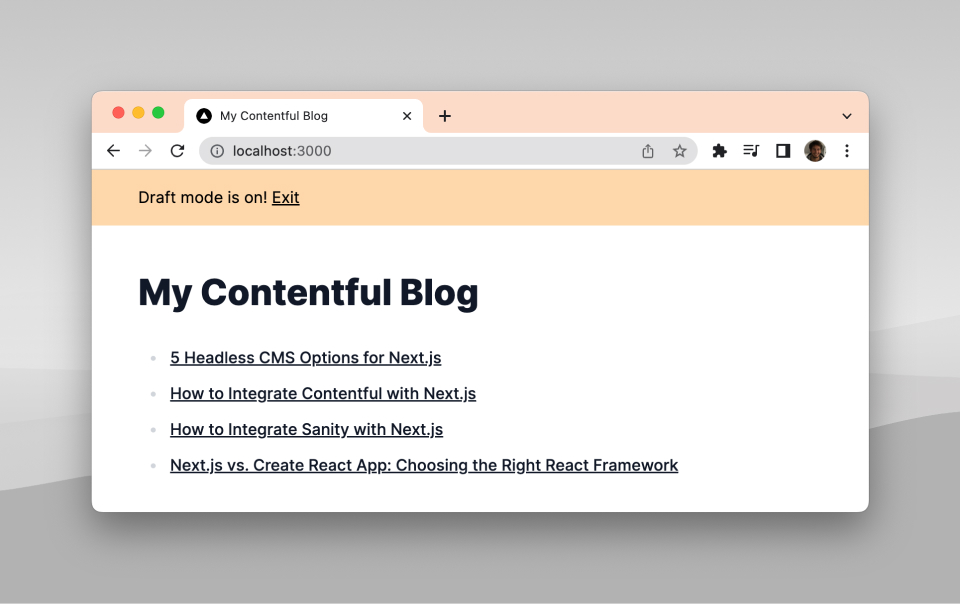 Screenshot of a Next.js blog with draft mode enabled