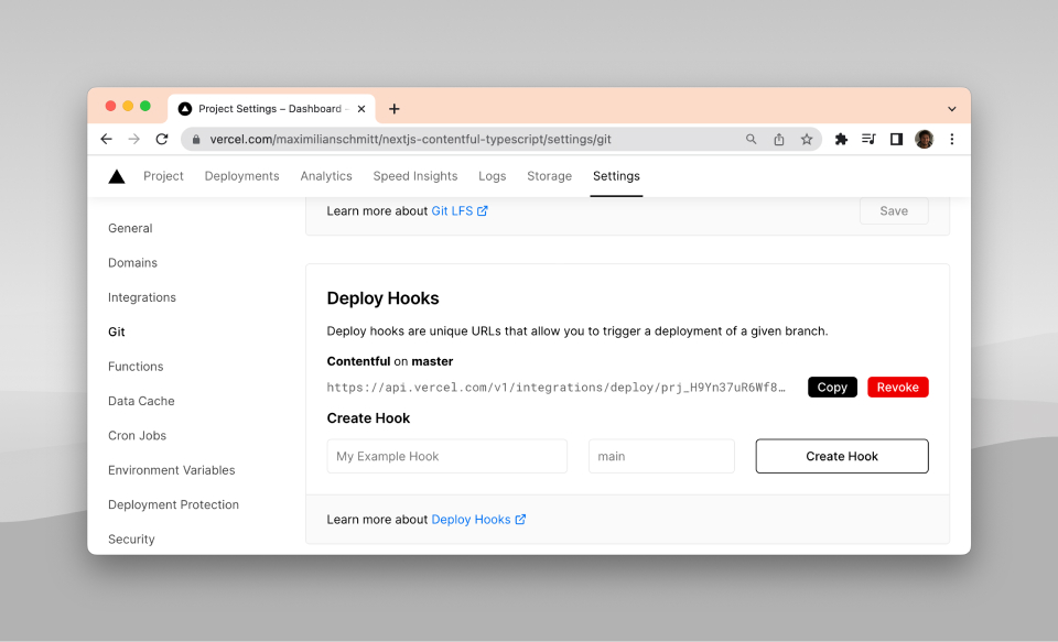 Screenshot of Vercel deploy hook settings