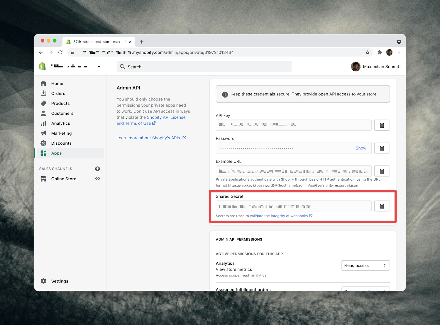 Screenshot of the shared secret in Shopify app settings