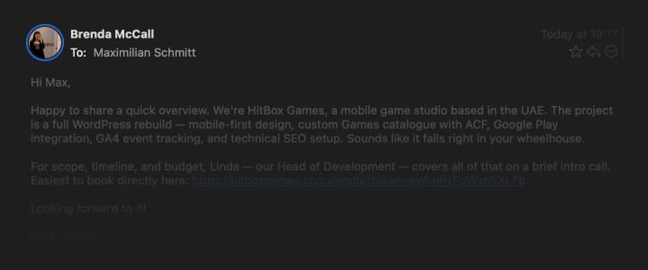 Email header showing Brenda McCall's profile avatar beside the project overview message.