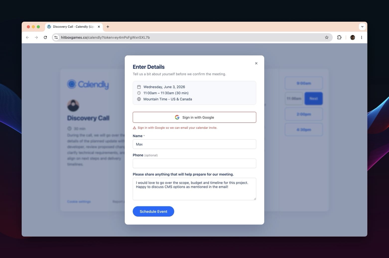 Calendly-style booking form asking for details and offering a Sign in with Google button.
