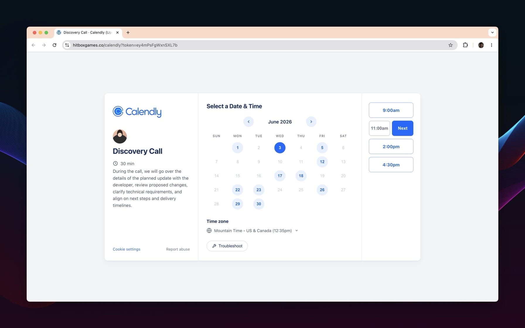 Calendly-style Discovery Call scheduler embedded on the HitBox Games website.