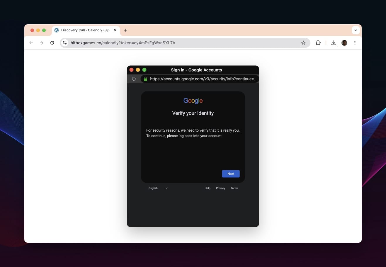 Dark-mode Google-style identity verification prompt in the fake sign-in flow.