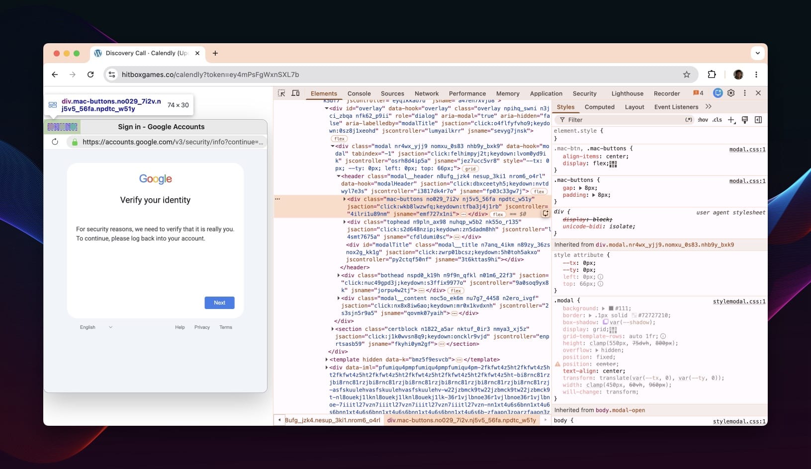 Developer tools inspecting the fake Google verification window embedded in the page.