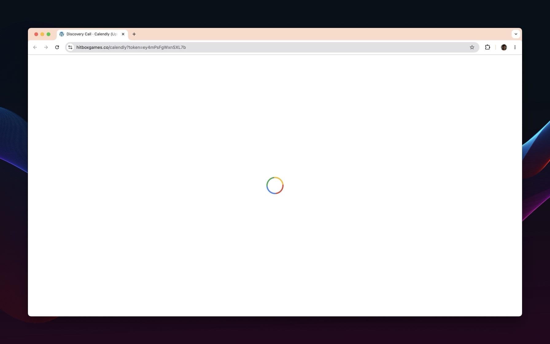 HitBox Games page showing a Google-colored loading spinner while the Calendly page loads.