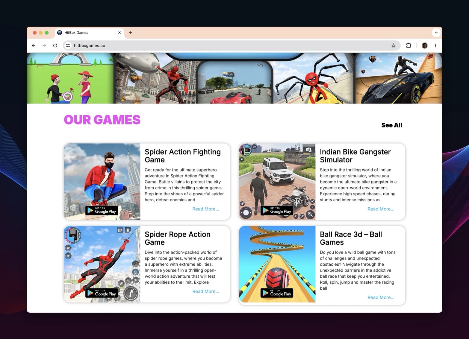 HitBox Games website section listing mobile games with Google Play download buttons.