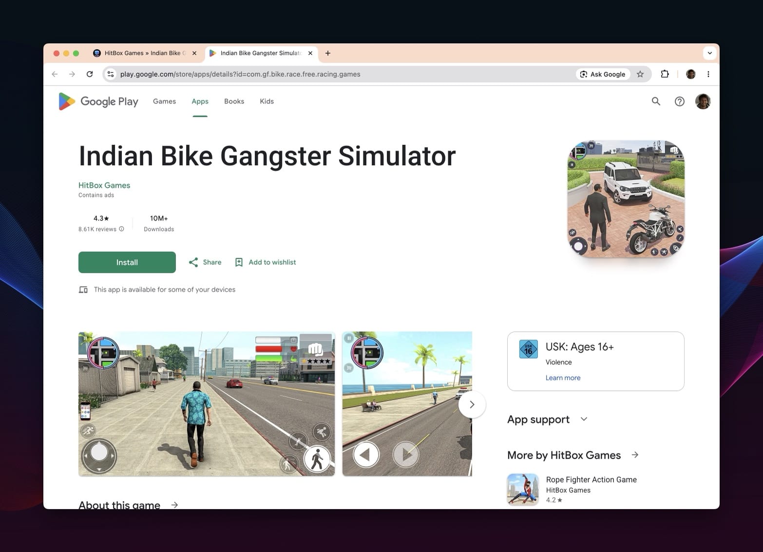 Google Play listing for Indian Bike Gangster Simulator by HitBox Games showing a 4.3 rating and 10M+ downloads.