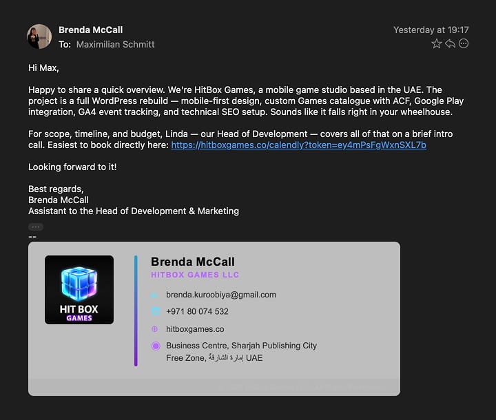 Email from Brenda McCall describing a WordPress rebuild for HitBox Games and linking to a scheduling page.