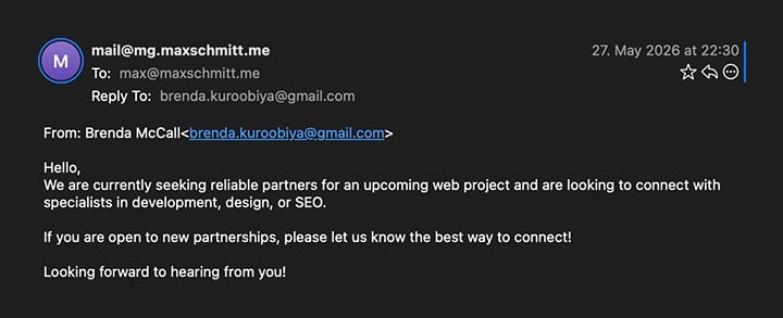 Email from Brenda McCall seeking reliable partners for an upcoming web project.