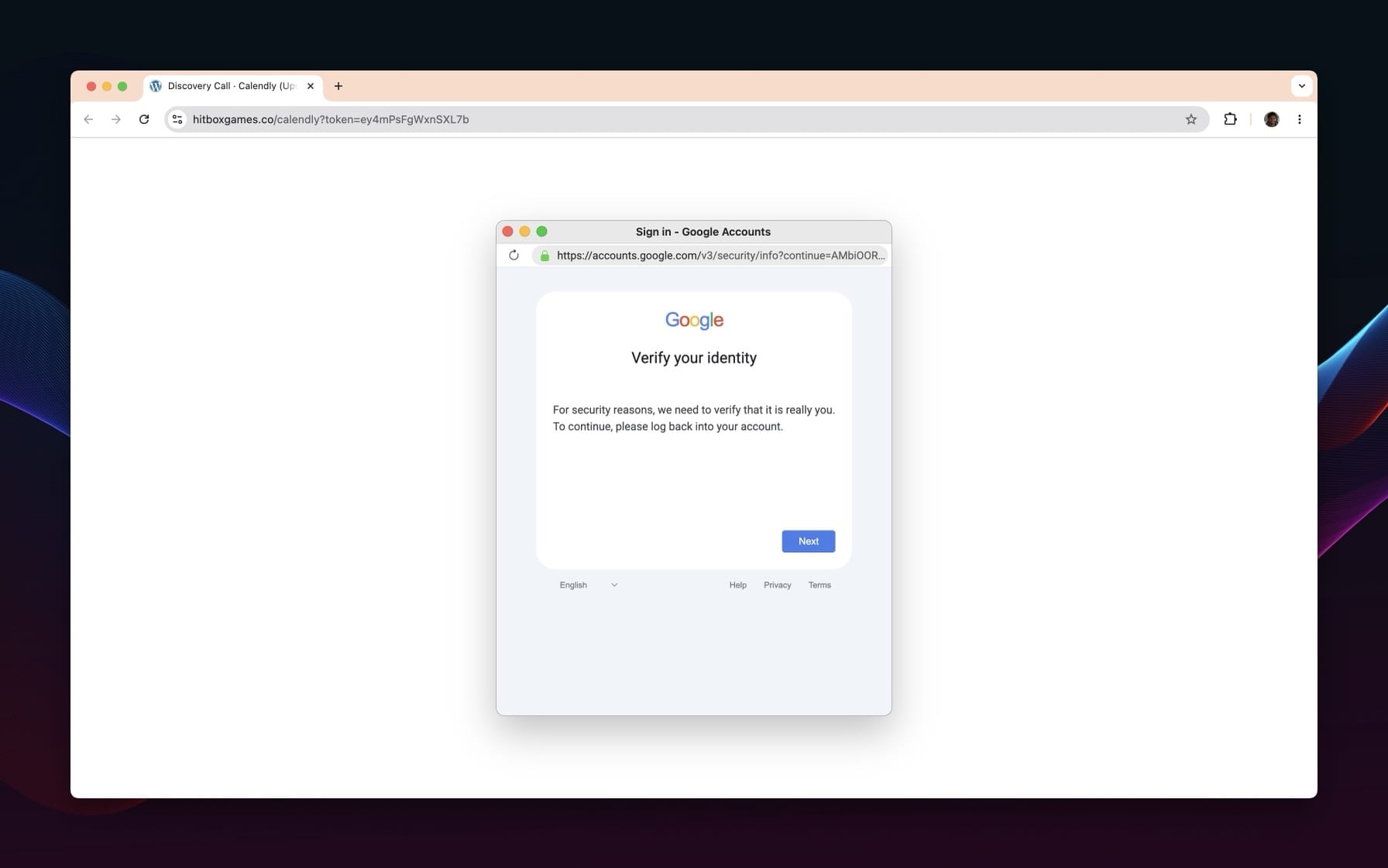 Google-style Verify your identity prompt asking the user to log back in.