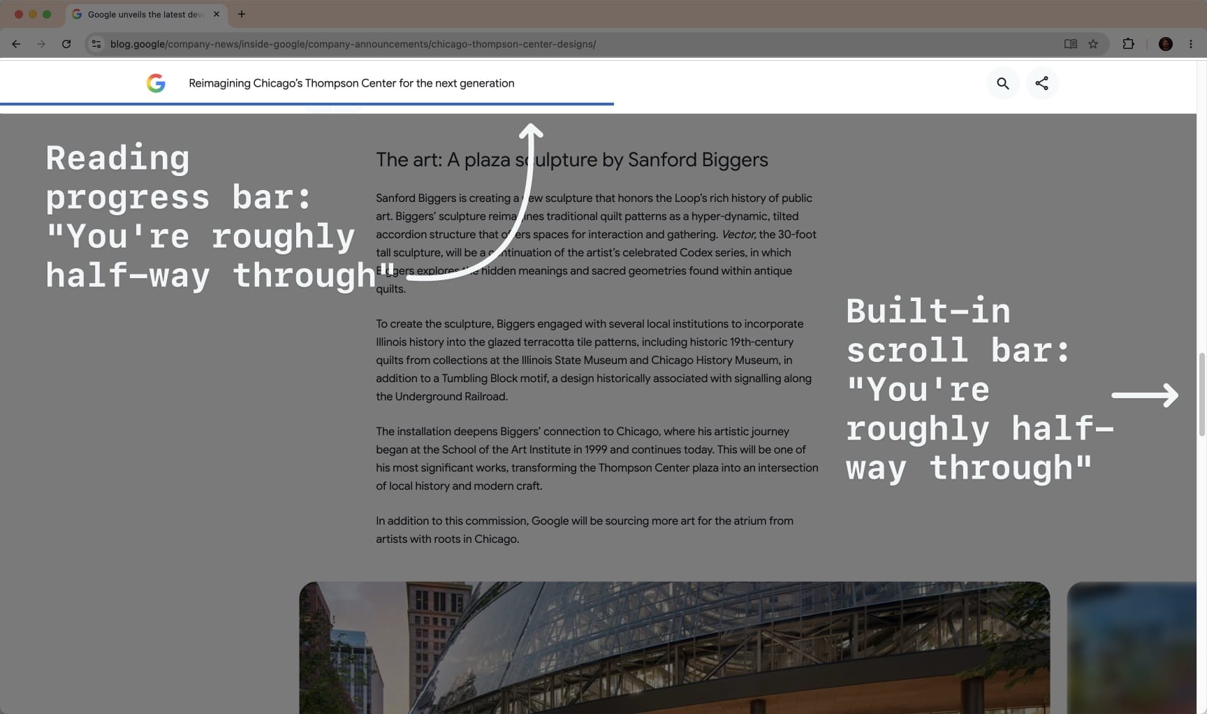 Annotated Google blog screenshot showing the reading progress bar at the top and the browser scrollbar on the right, both indicating roughly halfway through the article.