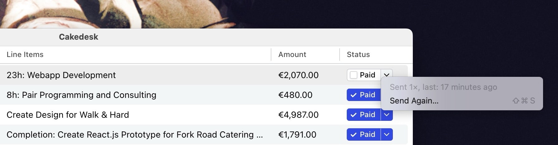 Send history showing that an invoice was sent in Cakedesk