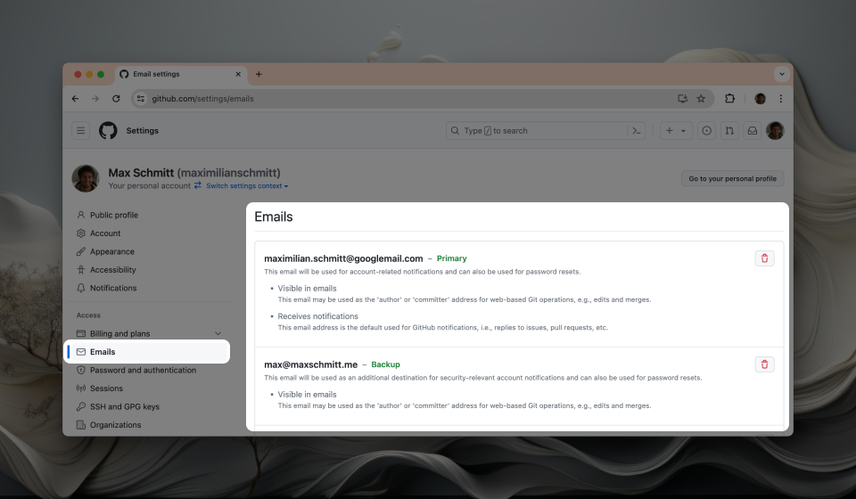 GitHub settings for emails