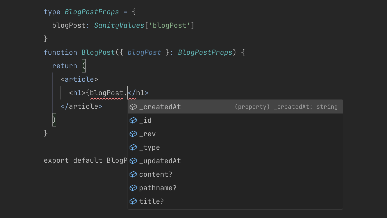 Screenshot of VSCode showing TypeScript autocomplete working for a BlogPost component that takes a blogPost prop which is a Sanity document.