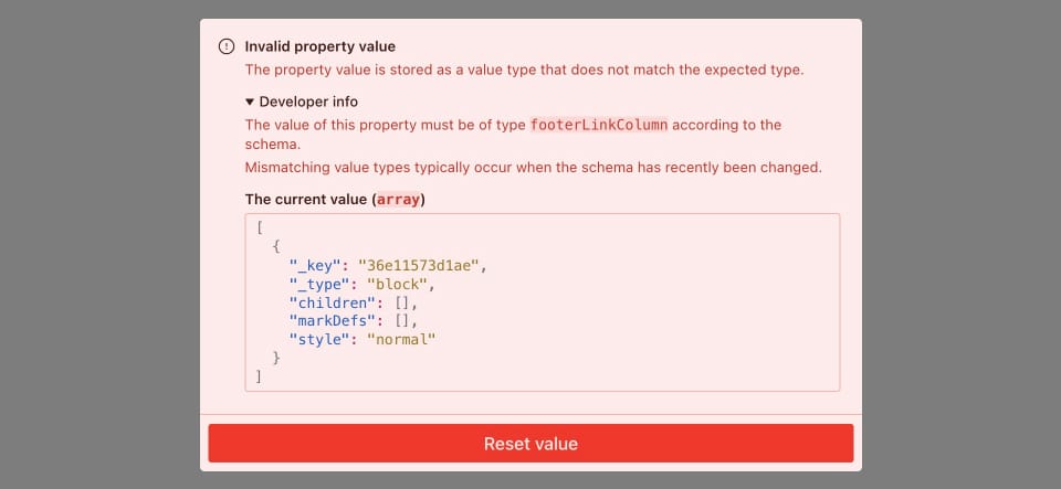 Sanity error: Invalid property value: The property value is stored as a value type that does not match the expected type