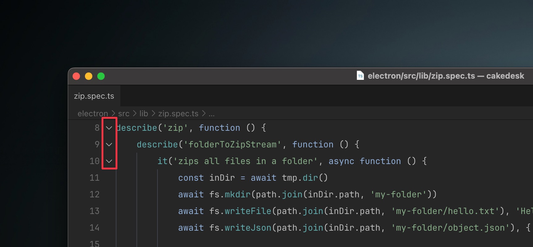 Fold/unfold button in the gutter of VS Code